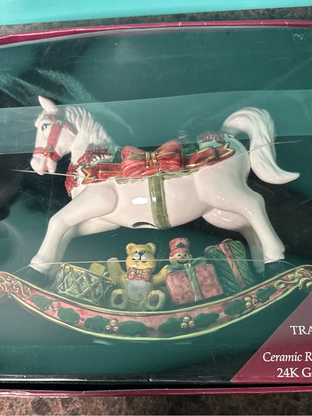 New in Box White and Red Ceramic Rocking Horse 24K Gold Accents Holiday Decor
